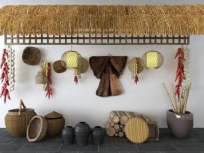 Garden Decor With Thatch Roof Hanging Lanterns Straw Hats Dried Chili Strings And Earthen Pots 3d model