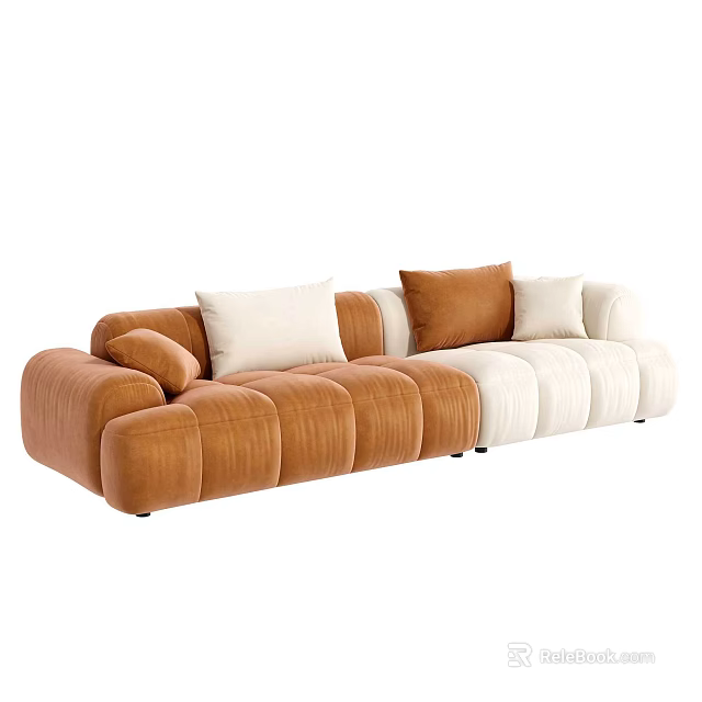 Modern Sectional Sofa With Brown And Beige Velvet Upholstery And Plush Cushions 3d model 