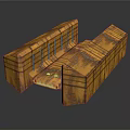 Two Orange Rusty Metal Structures With Striped Pattern On Dark Reflective Surface