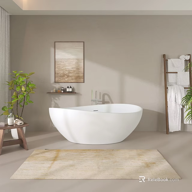 Elegant Bathroom Interior With White Freestanding Bathtub Beige Walls Framed Artwork Towel Ladder And Plant 3d model 
