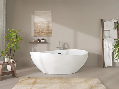 Elegant Bathroom Interior With White Freestanding Bathtub Beige Walls Framed Artwork Towel Ladder And Plant 3d model