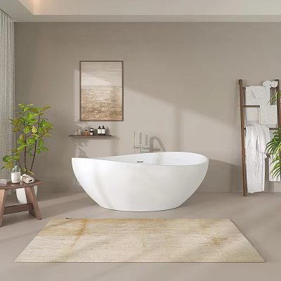 Elegant Bathroom Interior With White Freestanding Bathtub Beige Walls Framed Artwork Towel Ladder And Plant 3d model