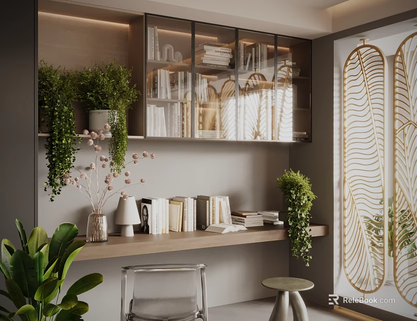 Home Office Interior Design With Wooden Desk Glass Door Shelves Books And Green Plants 3d model 
