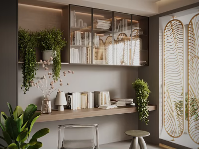 Home Office Interior Design With Wooden Desk Glass Door Shelves Books And Green Plants 3d model