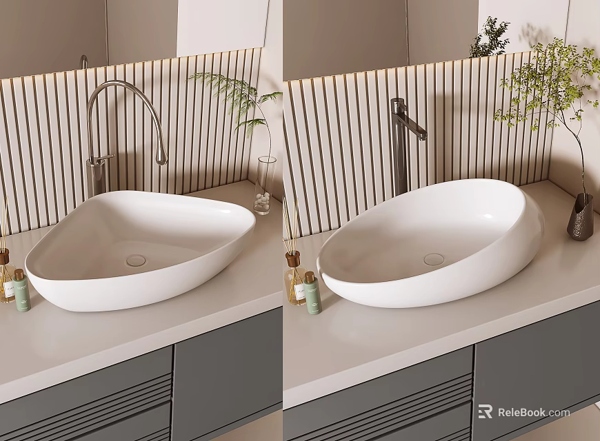 Modern Oval Ceramic Washbasin On White Countertop With Sleek Faucet Grey Cabinets And Decorative Plants 3d model 
