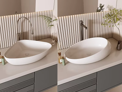 Modern Oval Ceramic Washbasin On White Countertop With Sleek Faucet Grey Cabinets And Decorative Plants 3d model