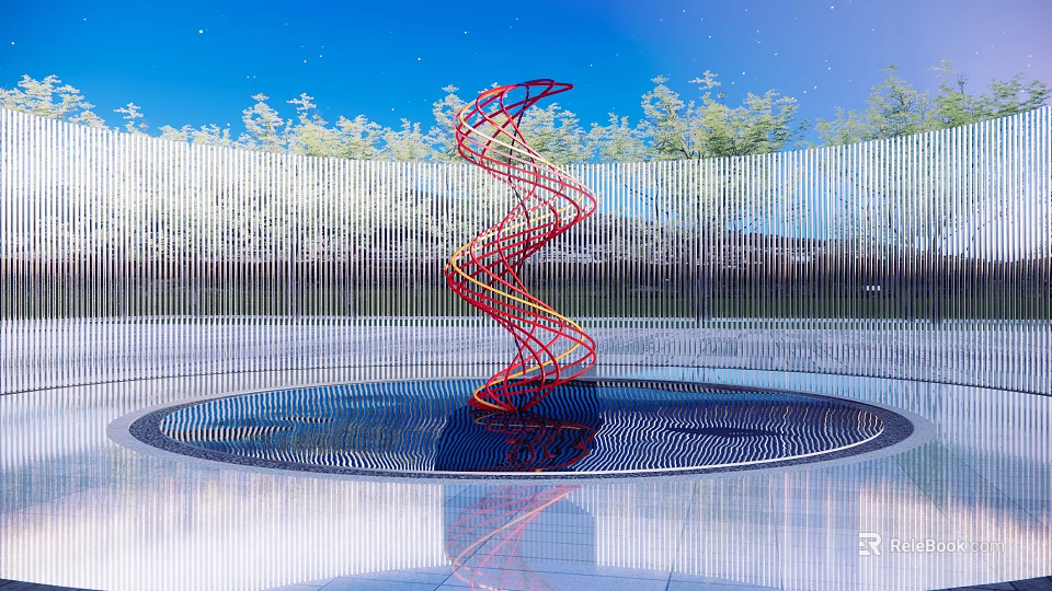 Spiral Red And Blue Sculpture In Circular Pool With Transparent Fence Green Trees Blue Sky 3d model 