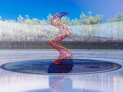 Spiral Red And Blue Sculpture In Circular Pool With Transparent Fence Green Trees Blue Sky 3d model