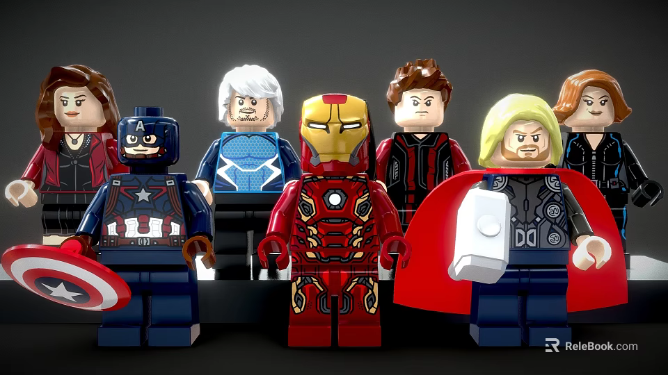 Lego Superhero Minifigures Standing Together Featuring Iron Man Captain America Thor and Iconic Attire 3d model 