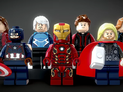 Lego Superhero Minifigures Standing Together Featuring Iron Man Captain America Thor and Iconic Attire 3d model