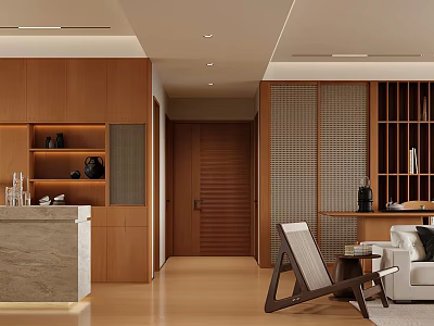 Modern Living Dining Room Interior With Wooden Slatted Panels Warm Sofa Counter And Flooring 3d model