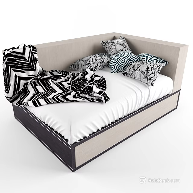 Modern Children's Bed With Light Beige Frame Geometric Pattern Pillows And Striped Blanket 3d model 