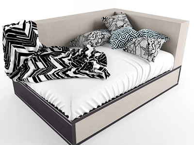 Modern Children's Bed With Light Beige Frame Geometric Pattern Pillows And Striped Blanket 3d model
