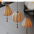Chinese Style Pendant Lights With Beige Lampshades Black Frames Red Tassels And Dark Tabletop