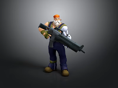 Muscular Cartoon Character With Orange Hair Beard Green Wristbands Holding Large Gun On Gray Background 3d model