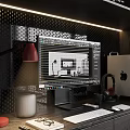 Modern Leisure Room With Dark Cabinets Red Lamp And Computer 3d model