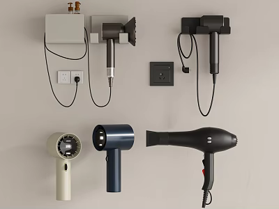 Various Hair Dryers Mounted on Wall With Different Colors and Power Sockets 3d model
