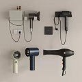 Various Hair Dryers Mounted on Wall With Different Colors and Power Sockets