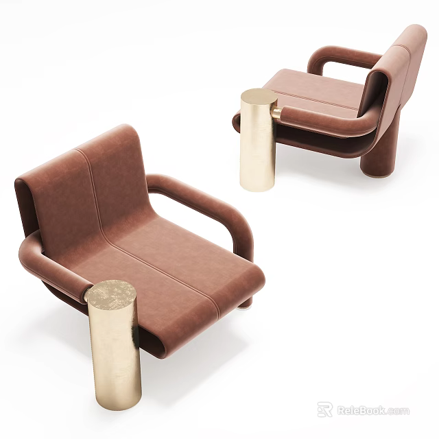 Modern Brown Leather Single Seater Sofa With Gold Side Table Design Style 3d model