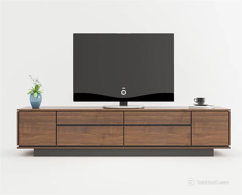 Modern Wooden TV Stand With TV Potted Plant Cup And Storage Drawers 3d model 