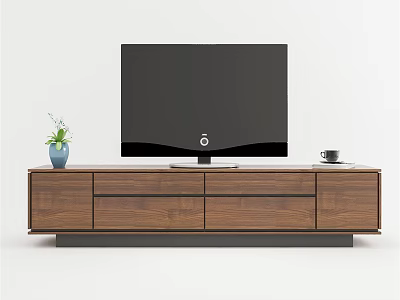Modern Wooden TV Stand With TV Potted Plant Cup And Storage Drawers 3d model