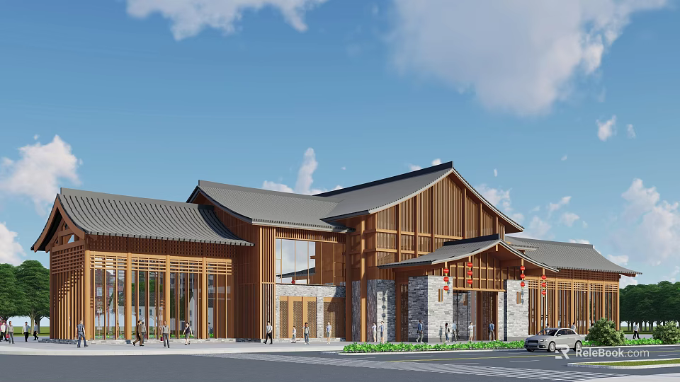 Traditional Style Office Building With Wooden Structure Gray Roof Large Windows and Front Plaza 3d model 