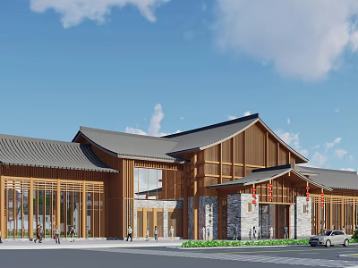 Traditional Style Office Building With Wooden Structure Gray Roof Large Windows and Front Plaza 3d model