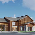 Traditional Style Office Building With Wooden Structure Gray Roof Large Windows and Front Plaza