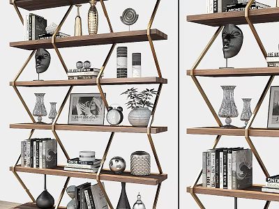 Modern Multi Tiered Bookshelf with Books Decorative Sculptures Vases Photo Frames and Ornaments 3d model