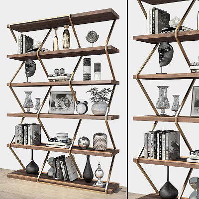 Modern Multi Tiered Bookshelf with Books Decorative Sculptures Vases Photo Frames and Ornaments 3d model