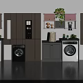Modern Bathroom Cabinet Unit With Washing Machine Green Plants And Dark Brown Finish