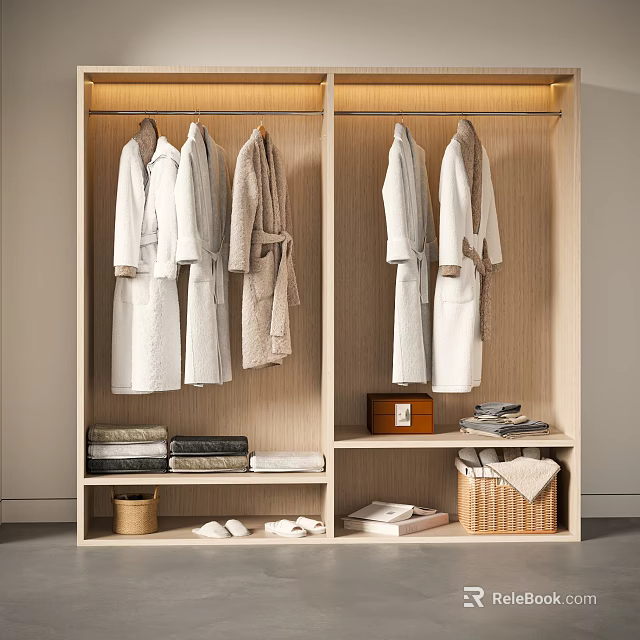 Modern Wooden Wardrobe Interior With Hanging Robes Folded Towels And Storage Baskets 3d model 