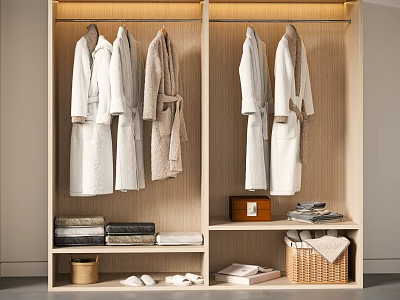 Modern Wooden Wardrobe Interior With Hanging Robes Folded Towels And Storage Baskets 3d model