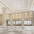 Luxurious Hotel Lobby with White Ceiling Grid Design Decorative Columns and Marble Flooring