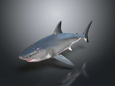 Great White Shark With Gray Body Open Mouth And Dorsal Fin On Dark Background 3d model
