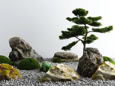 Zen Courtyard Garden With Rocks Small Pine Tree Green Plants And Gravel Ground 3d model