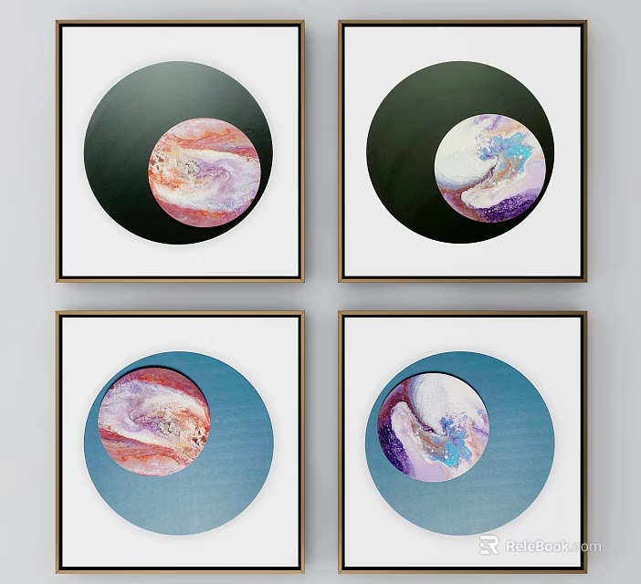 Four Framed Artworks With Circular Colorful Inner Patterns Golden Frames And Green Blue Backgrounds 3d model 