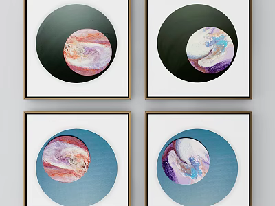 Four Framed Artworks With Circular Colorful Inner Patterns Golden Frames And Green Blue Backgrounds 3d model