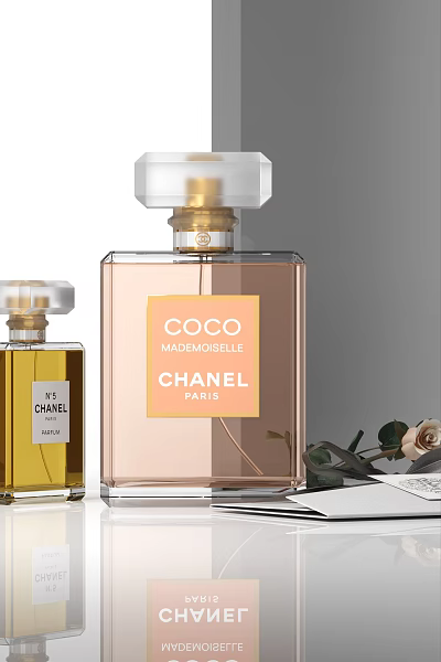 Chanel Luxury Perfume Collection Showcasing Coco Mademoiselle N°5 Bottles With Elegant Rose Accents 3d model