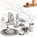 Stylish Dinnerware Set With Natural Branches Vase Decoration Bread Muffin Oranges Wine Glass Cup Placemats