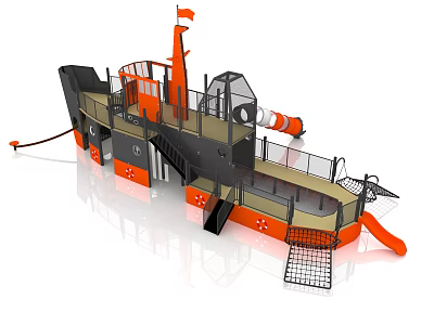 Ship Shaped Kids Playground Equipment With Orange Black Slide And Net Climbing 3d model Ship Shaped Kids Playground Equipment With Orange Black Slide And Net Climbing 3d model