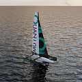 MCM Logo Green Catamaran Sailing Boat Navigating Open Ocean Under Cloudy Sky 3d model