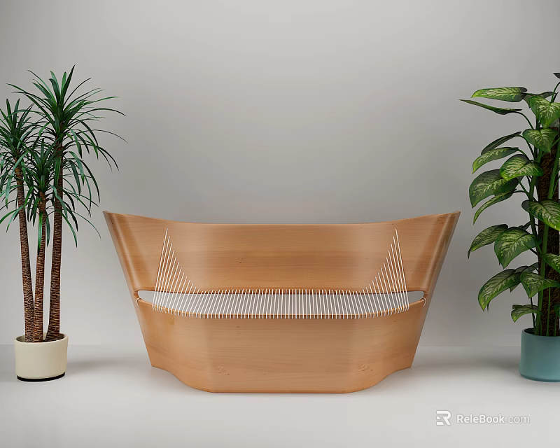 Wooden Public Chair With Modern Woven Design And Potted Plants In White And Blue Pots 3d model 