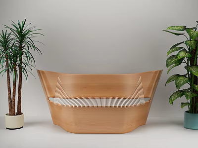 Wooden Public Chair With Modern Woven Design And Potted Plants In White And Blue Pots 3d model