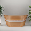 Wooden Public Chair With Modern Woven Design And Potted Plants In White And Blue Pots