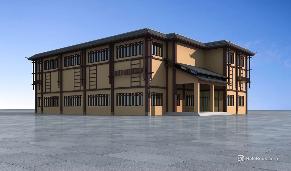 Traditional Chinese Architecture Exterior Design With Overhanging Eaves And Spacious Front Plaza 3d model 