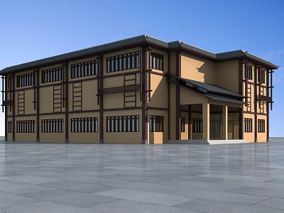 Traditional Chinese Architecture Exterior Design With Overhanging Eaves And Spacious Front Plaza 3d model