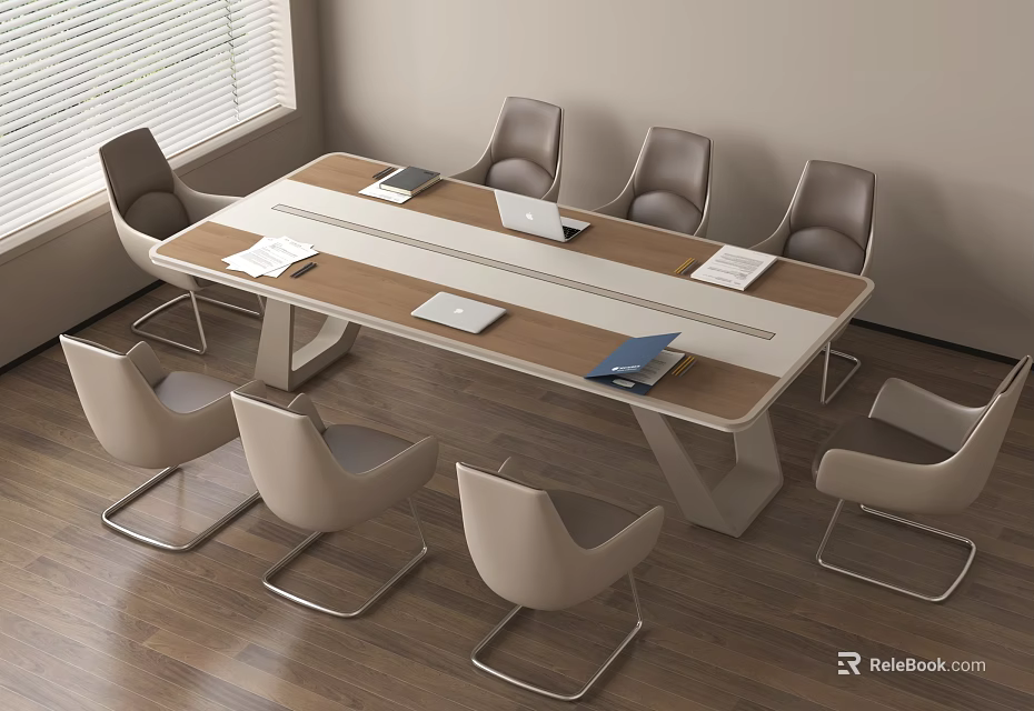 Modern Conference Table Setup With Wooden Top Eight Minimalist Chairs Laptops And Documents 3d model 