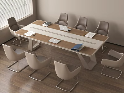 Modern Conference Table Setup With Wooden Top Eight Minimalist Chairs Laptops And Documents 3d model