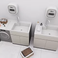 Laundry Room Setup With Double Sinks Washing Machine Cleaning Supplies And Basket